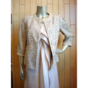 $3795 NWT RENA LANGE Tan Cream Tweed Plaid Sequin 3/4 Sleeve Jacket 8